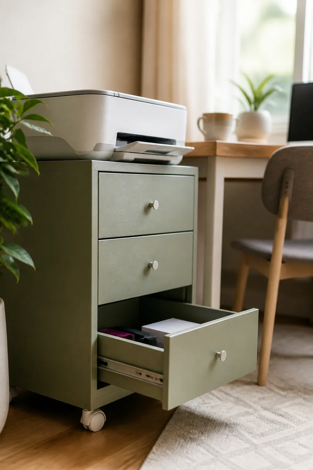 A rolling three-drawer cart beside a desk, a printer on top and one drawer open showing paper reams