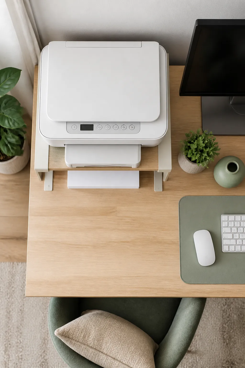 A printer raised on a shelf riser beside a desk, a flat ream of paper tucked into the space underneath