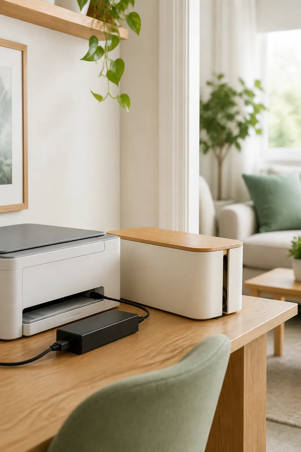 A cable management box beside a printer with its power cord and USB cable gathered inside the box
