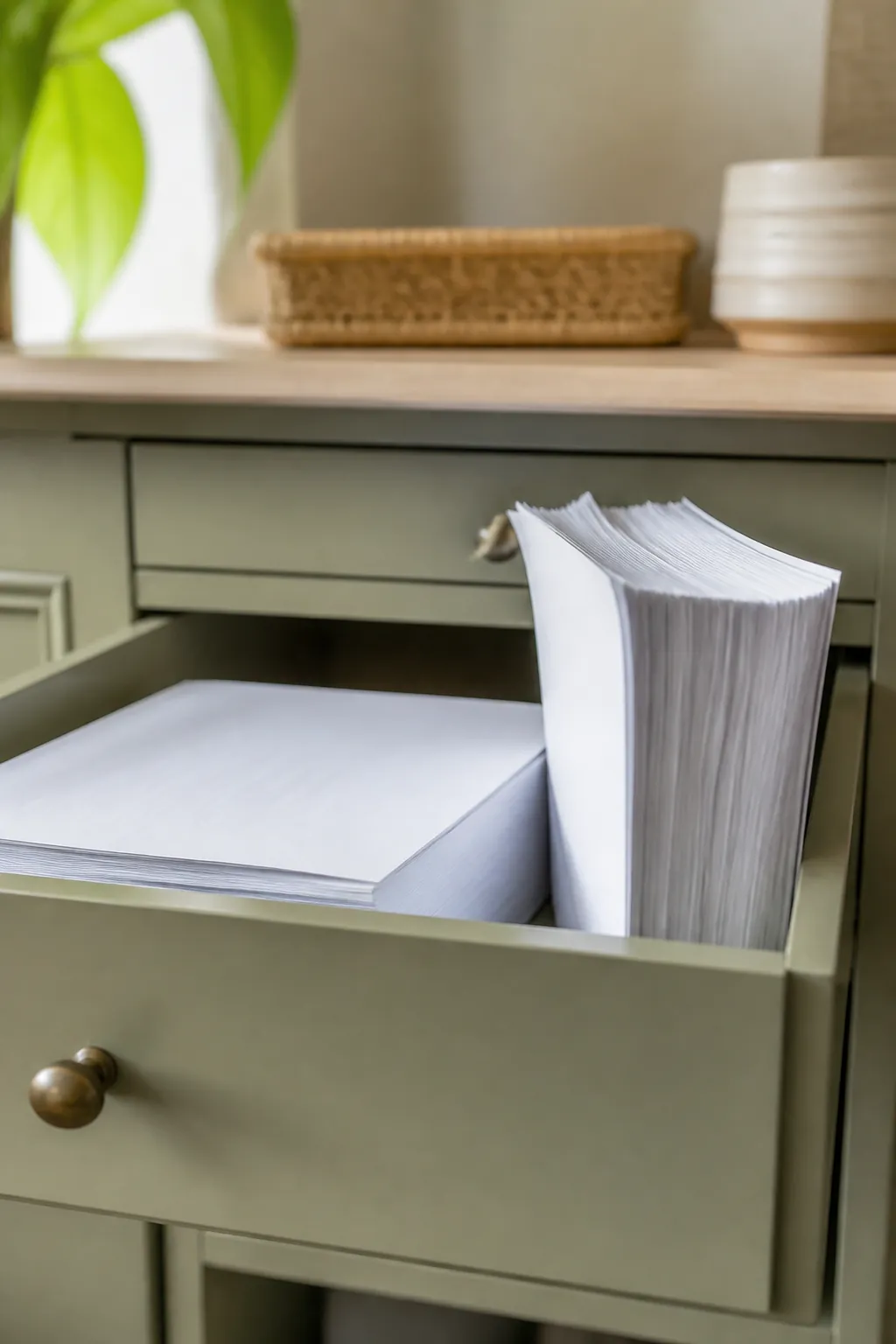 A ream of paper lying flat in a shallow drawer beside another ream standing upright with curled edges