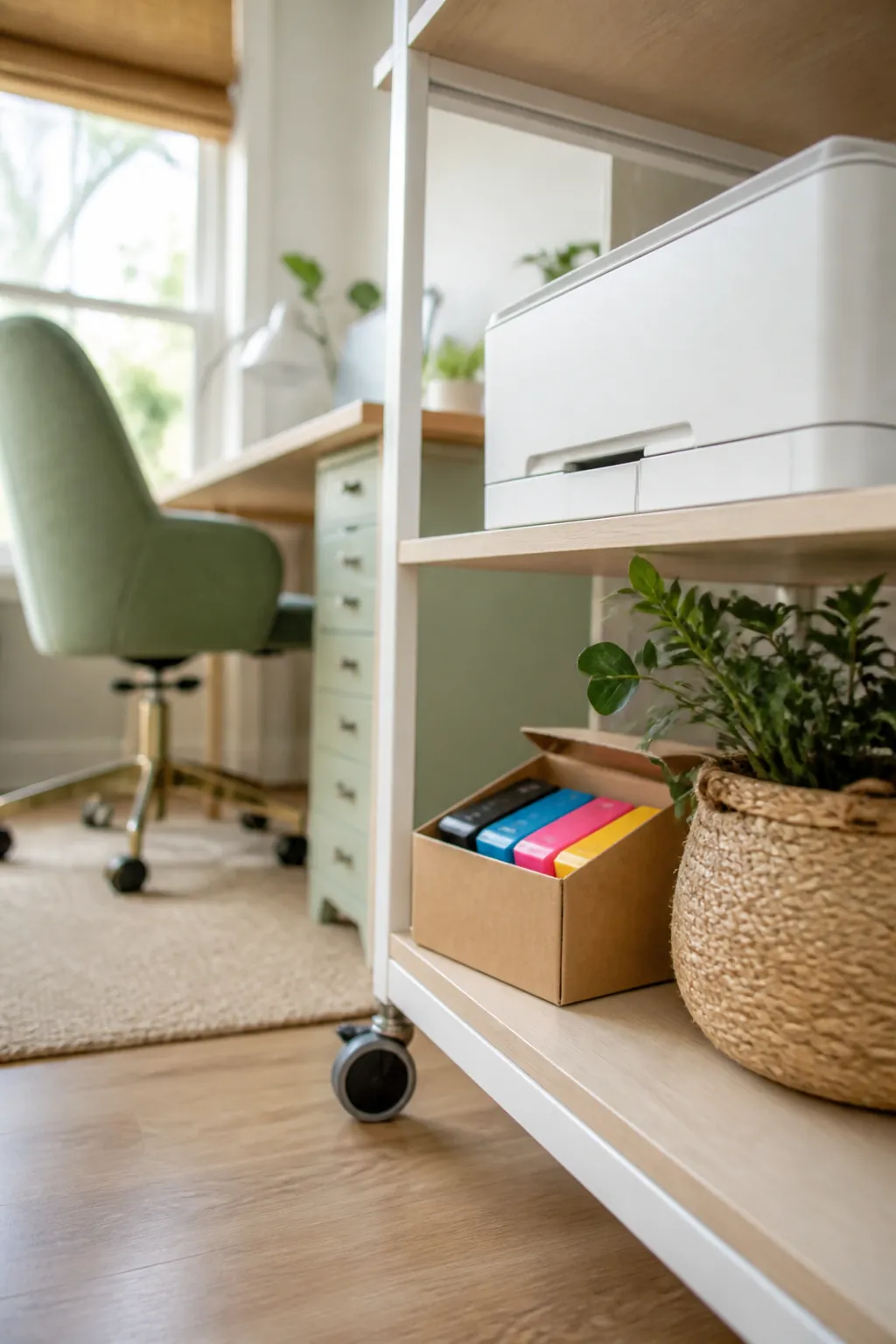 A small labeled box holding spare ink cartridges on a shelf beside a desktop printer