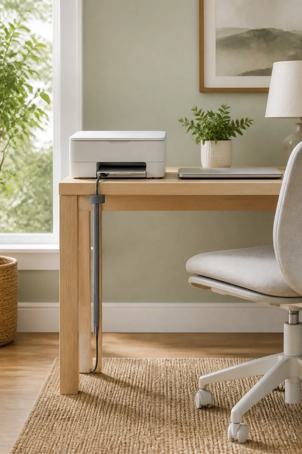 A clamp-on cable channel fixed to a desk edge, guiding a printer power cord down a desk leg