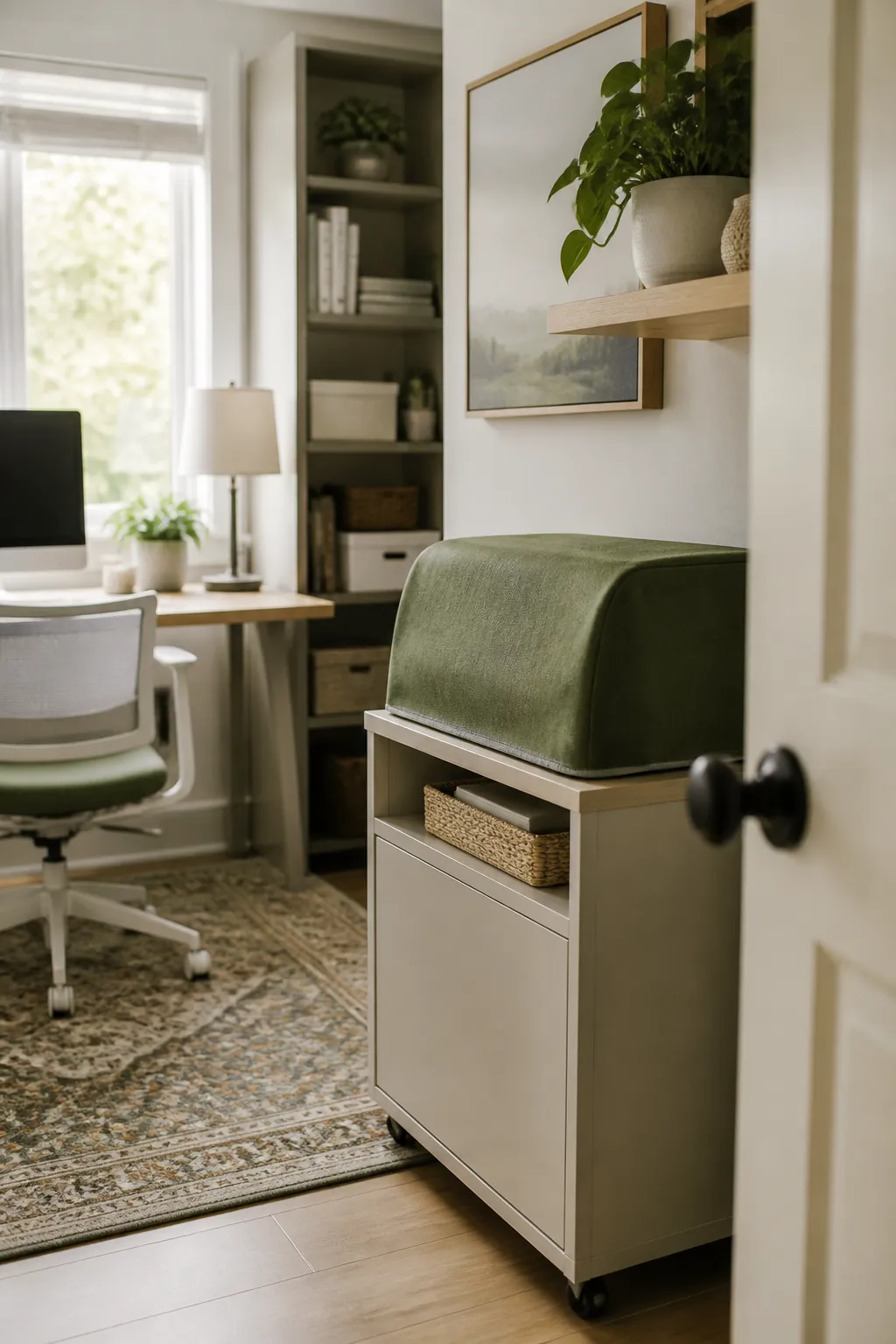 A fabric cover draped over a desktop printer on a storage cart with a closed cabinet door beneath it
