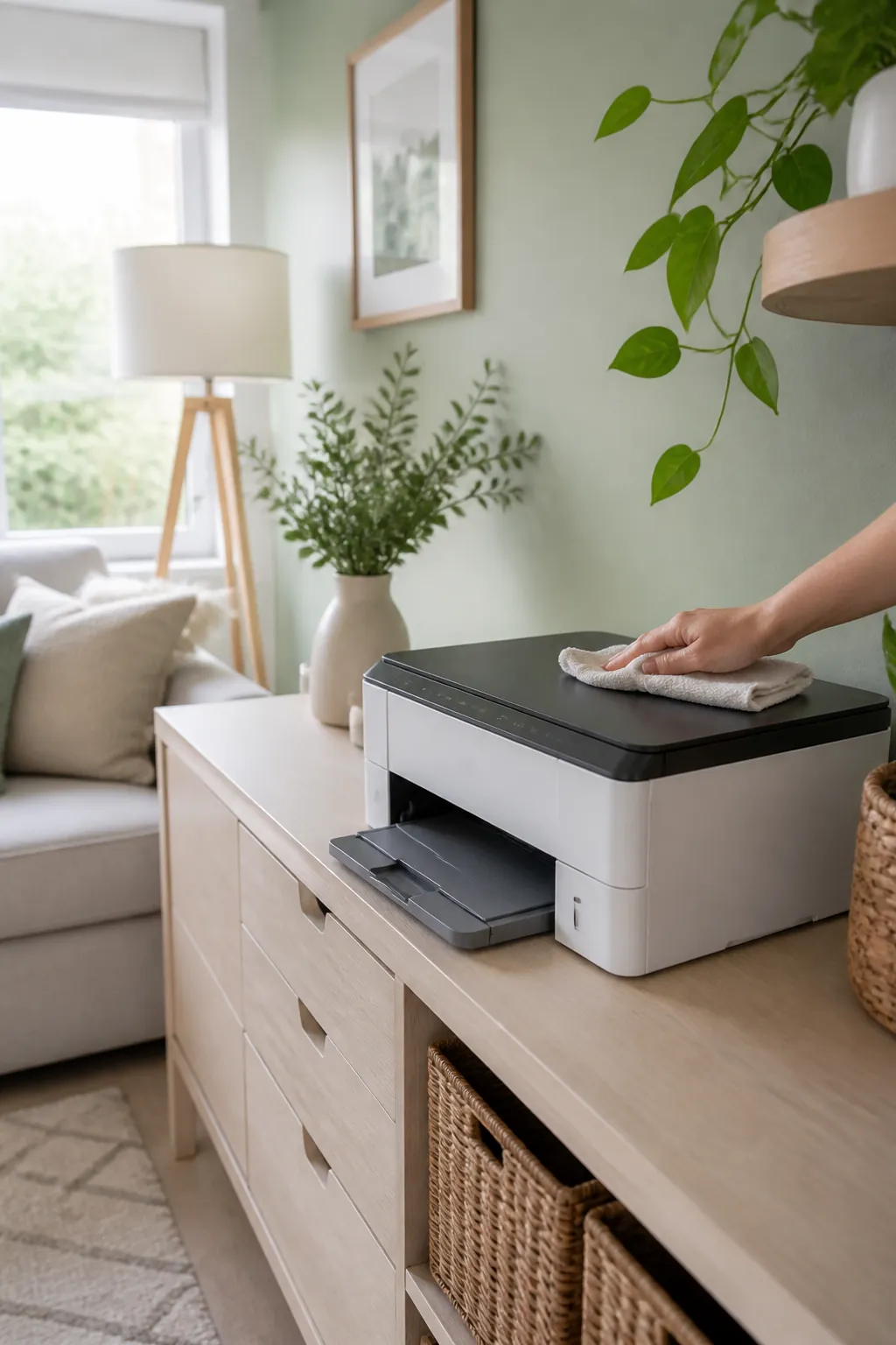 A hand wiping a printer lid clean with the paper tray straightened and cart drawers closed beneath it