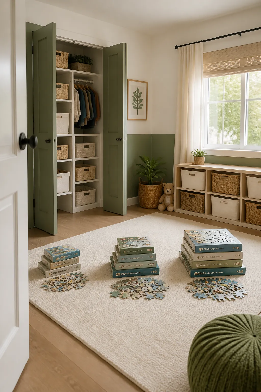 Puzzles sorted into three piles on a floor by piece count, from small toddler puzzles to large boxed sets
