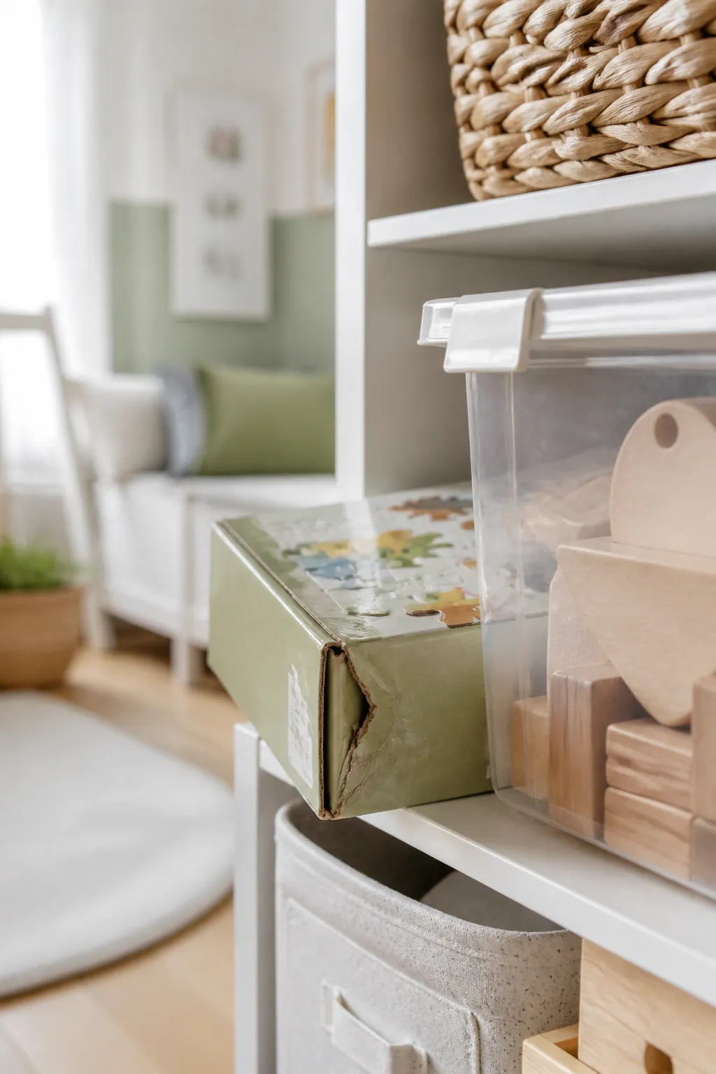 A cardboard puzzle box with a torn corner sitting beside a clear stackable bin on a shelf