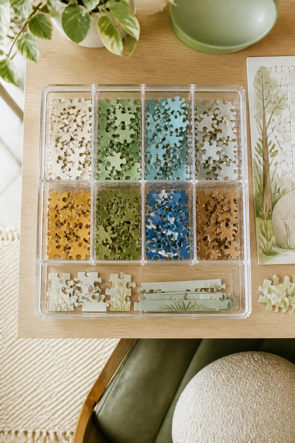 Loose puzzle pieces sorted by color and edge into the compartments of a clear drawer organizer