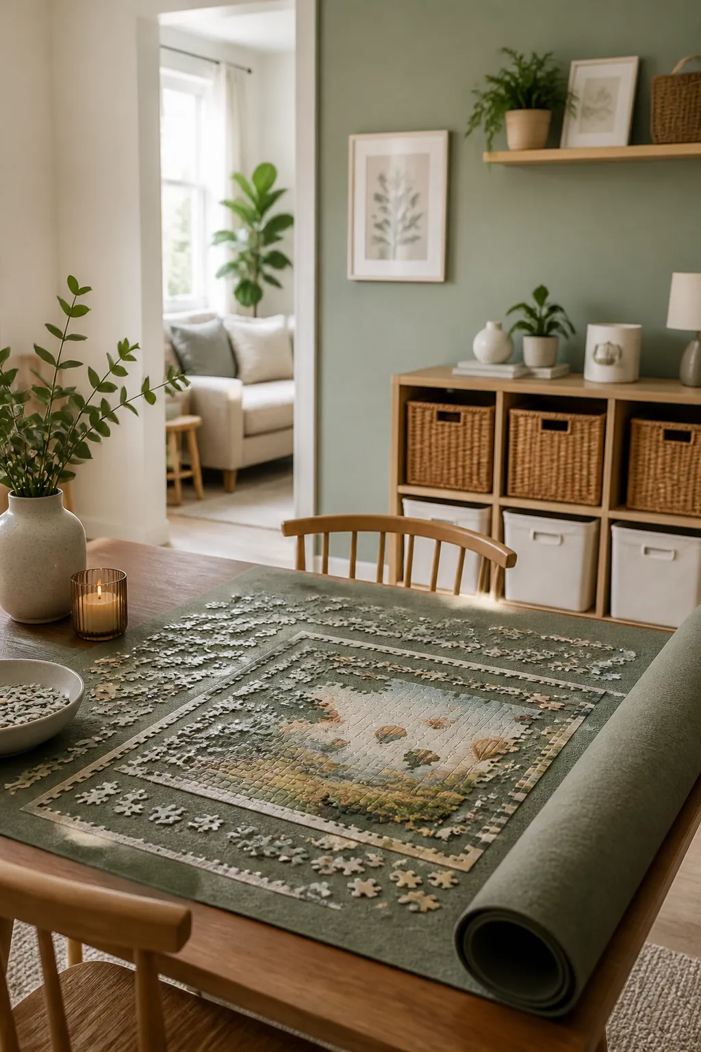 A half-finished puzzle spread across a felt roll-up mat on a dining table, ready to be rolled away