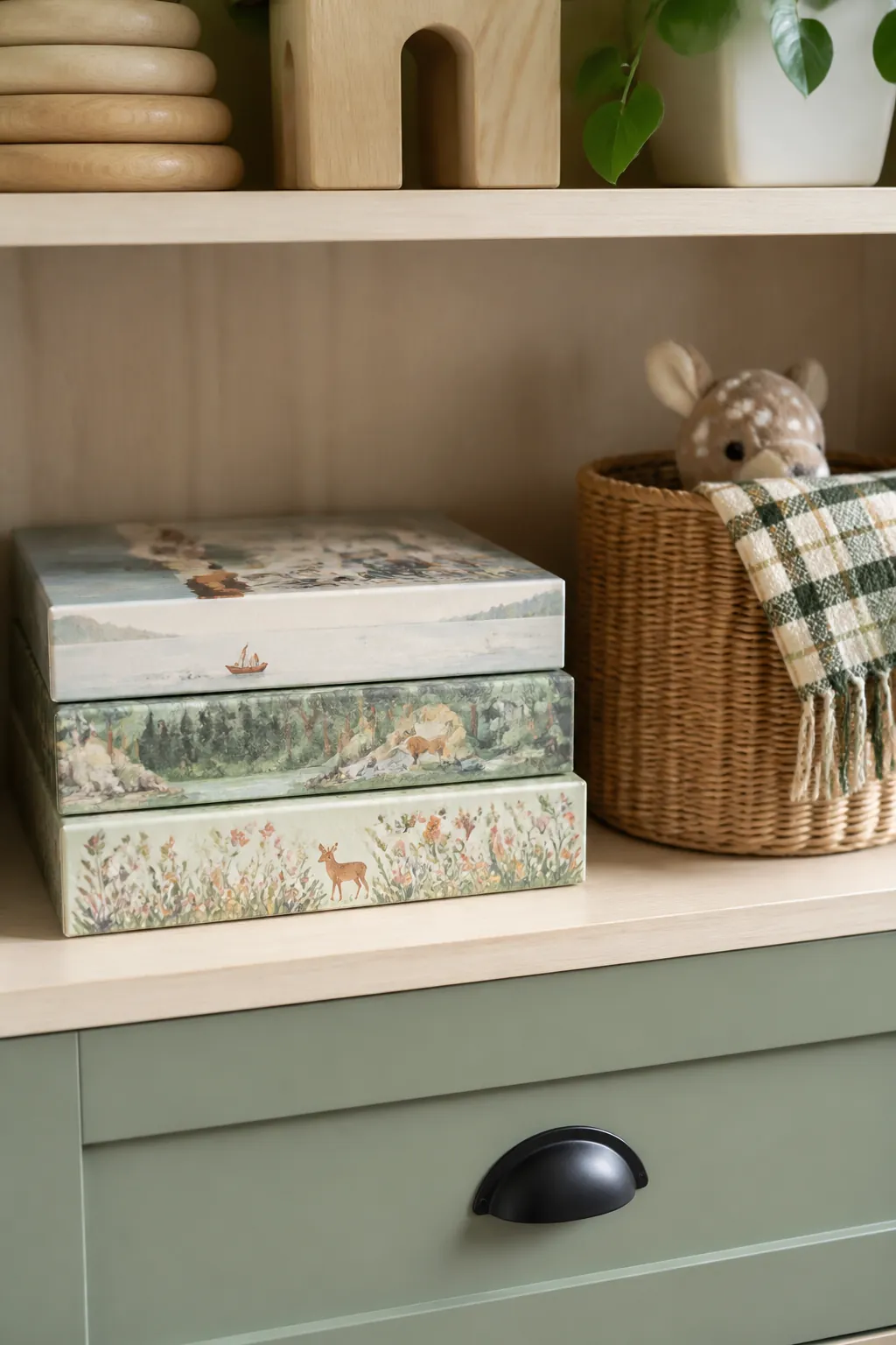 Finished puzzle boxes stacked flat on a low shelf, none of them standing upright on their edge