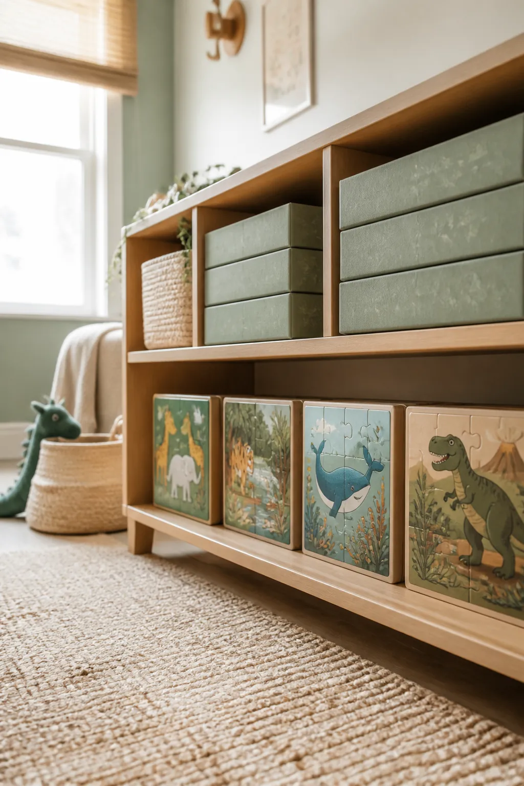 A low shelf holding a handful of puzzle boxes at a child's reach, extra puzzles boxed elsewhere