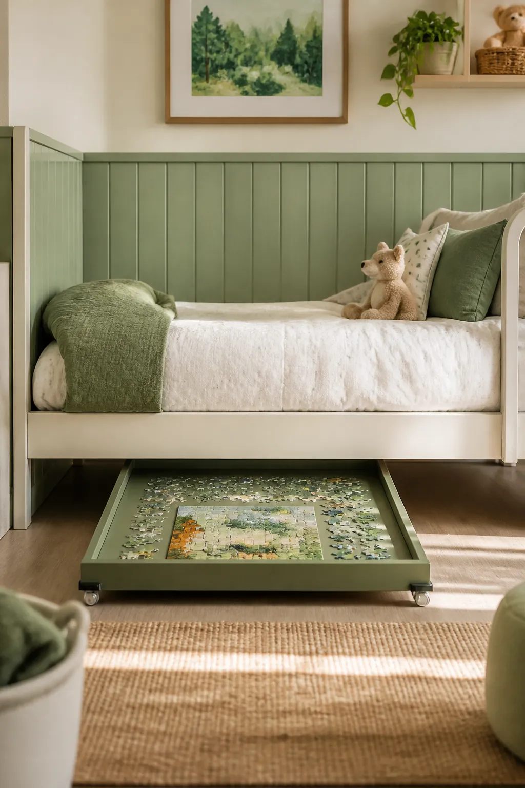 A shallow tray holding an unfinished puzzle being slid out from underneath a bed frame