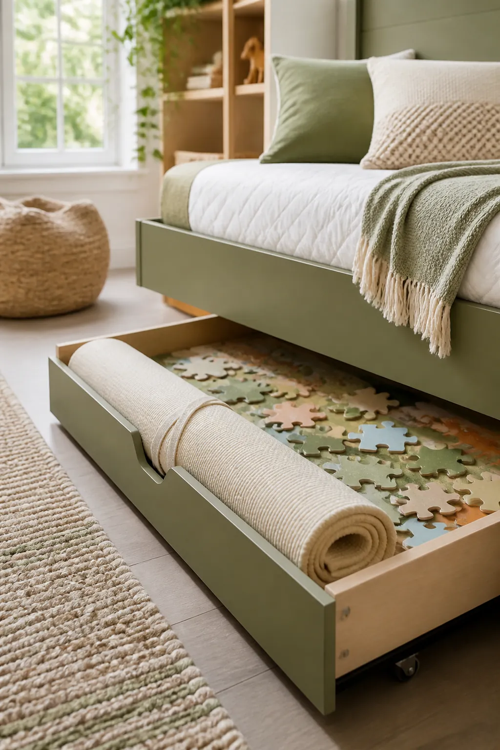 An under-bed bin pulled from beneath a bed frame holding a large floor puzzle and a rolled mat