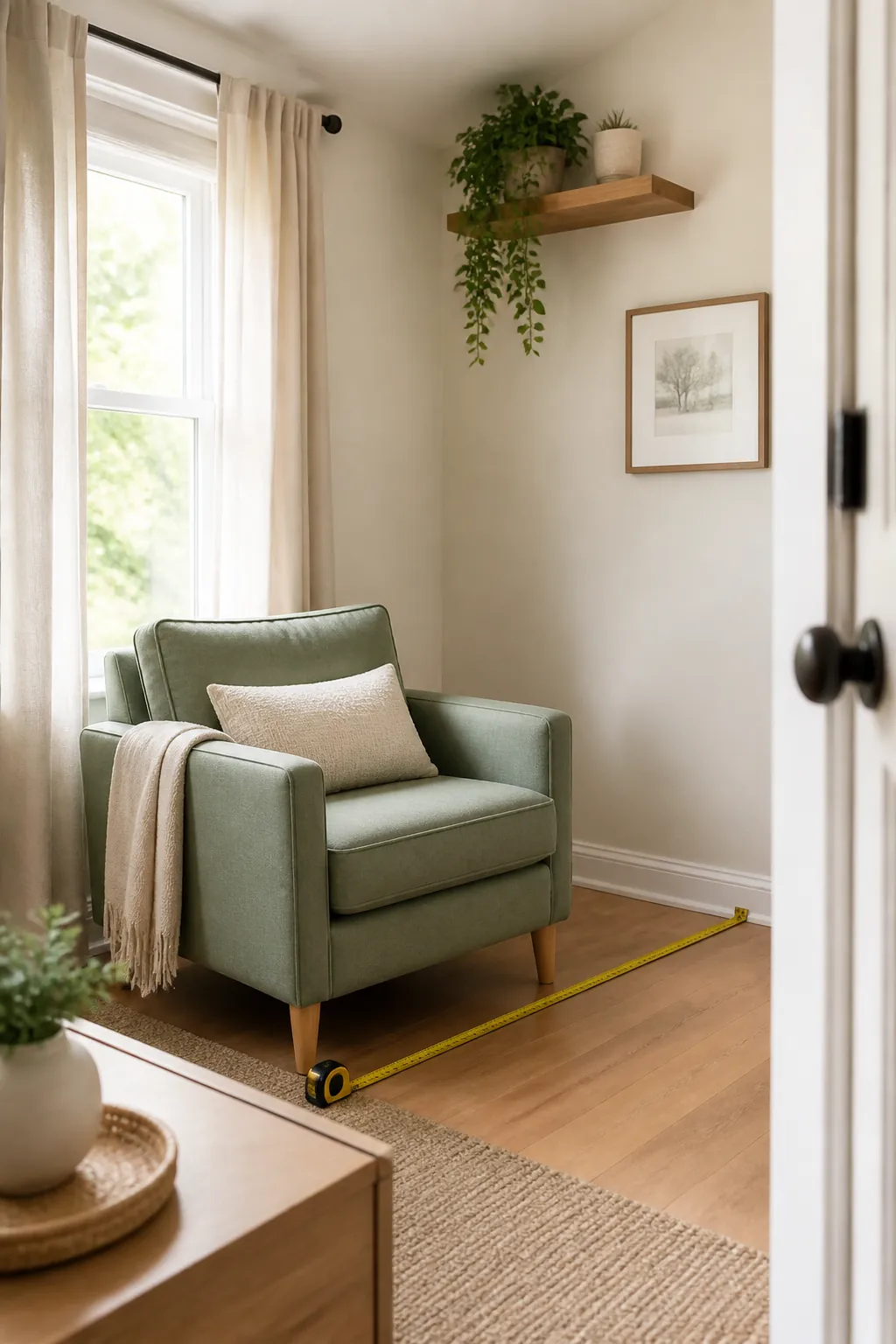 A tape measure stretched across the floor in front of an armchair, marking the open square footprint of a reading corner.