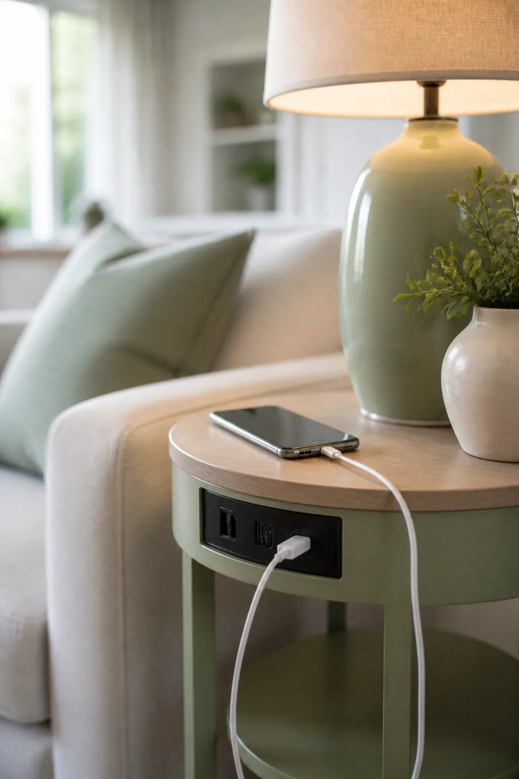 A slim side table beside an armchair holding a lamp and a phone charging through the table's built-in USB ports.