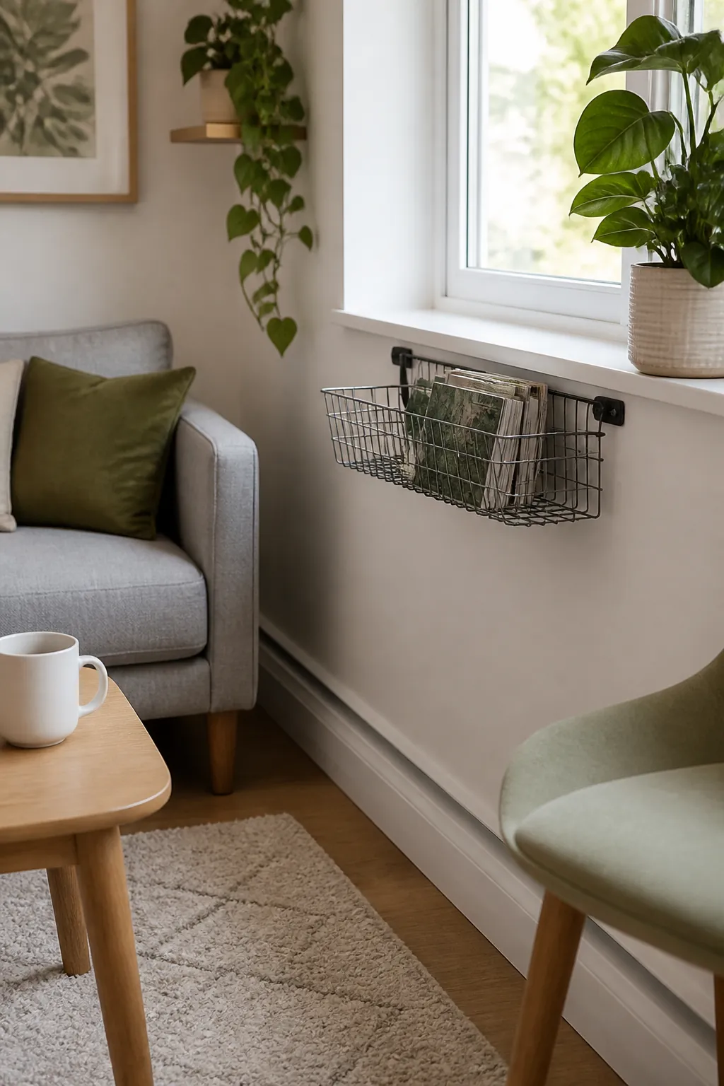 A wire basket hanging beneath a windowsill, holding a folded magazine and a library book inside it.