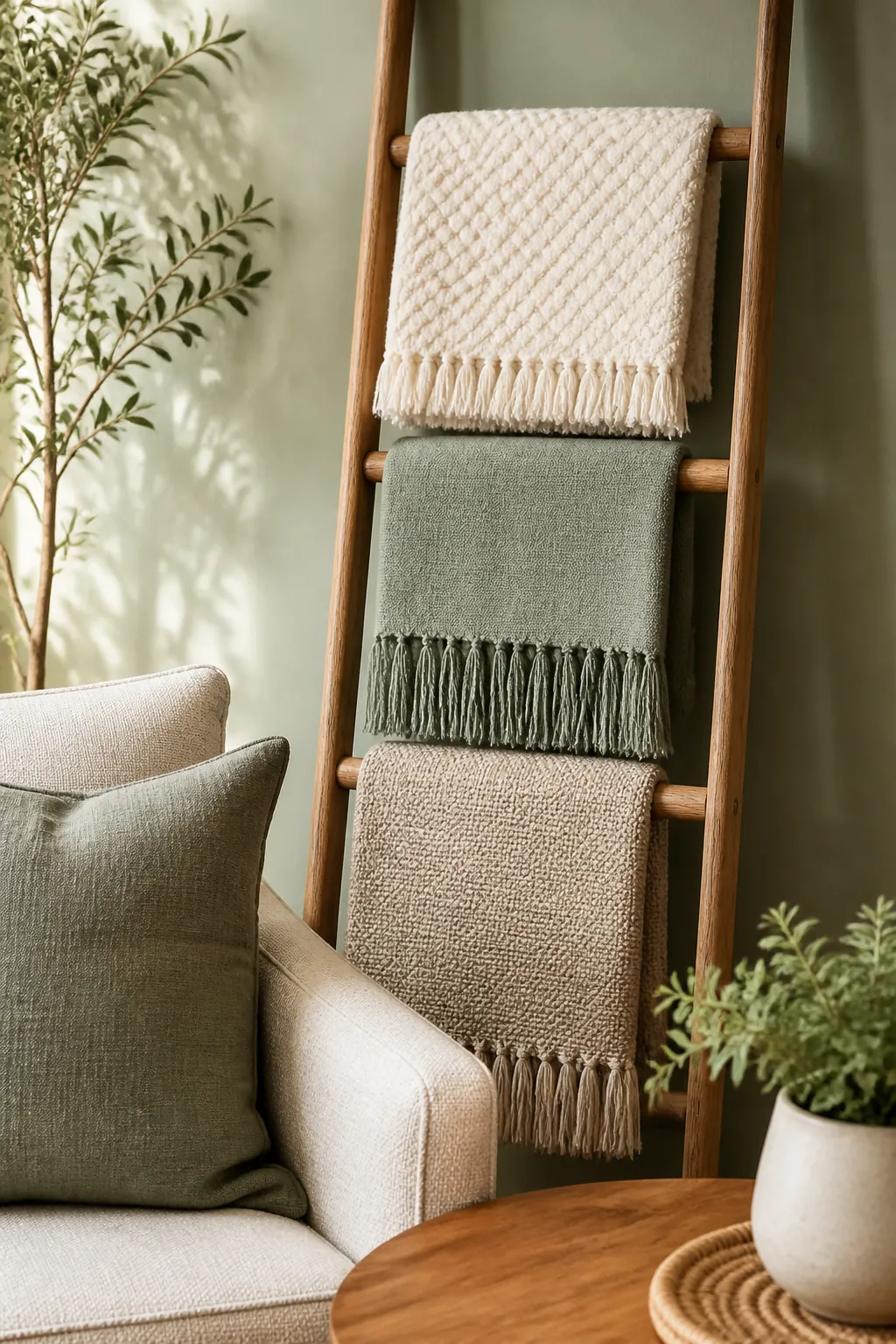 A wooden ladder leaning against a wall beside an armchair with three folded throw blankets draped across its rungs.