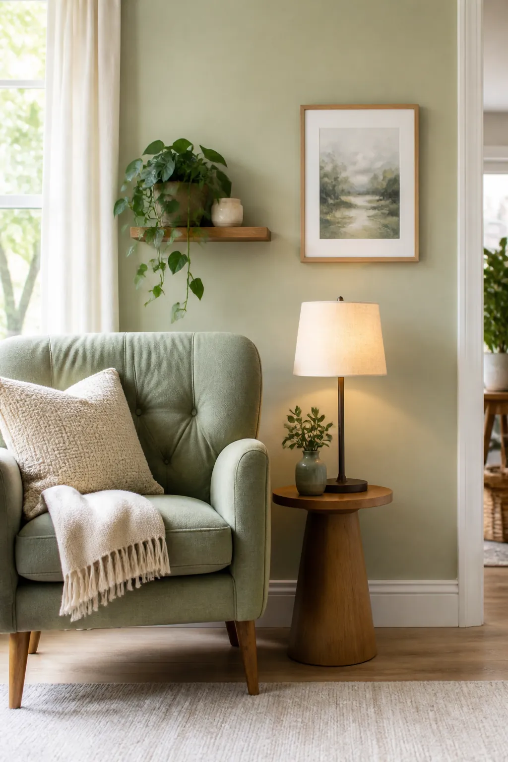 A floor lamp beside an armchair with its power cord clipped flat along the baseboard toward a wall outlet.