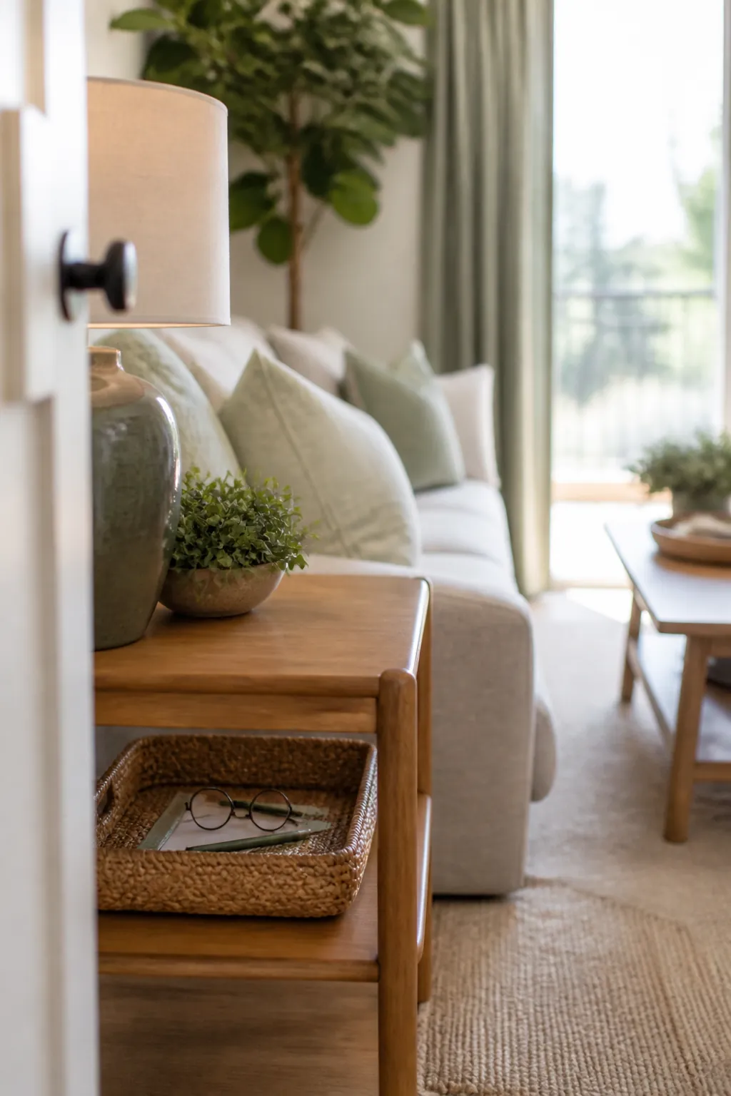 A small shallow basket on a side table's lower shelf holding reading glasses, a bookmark and a pen.