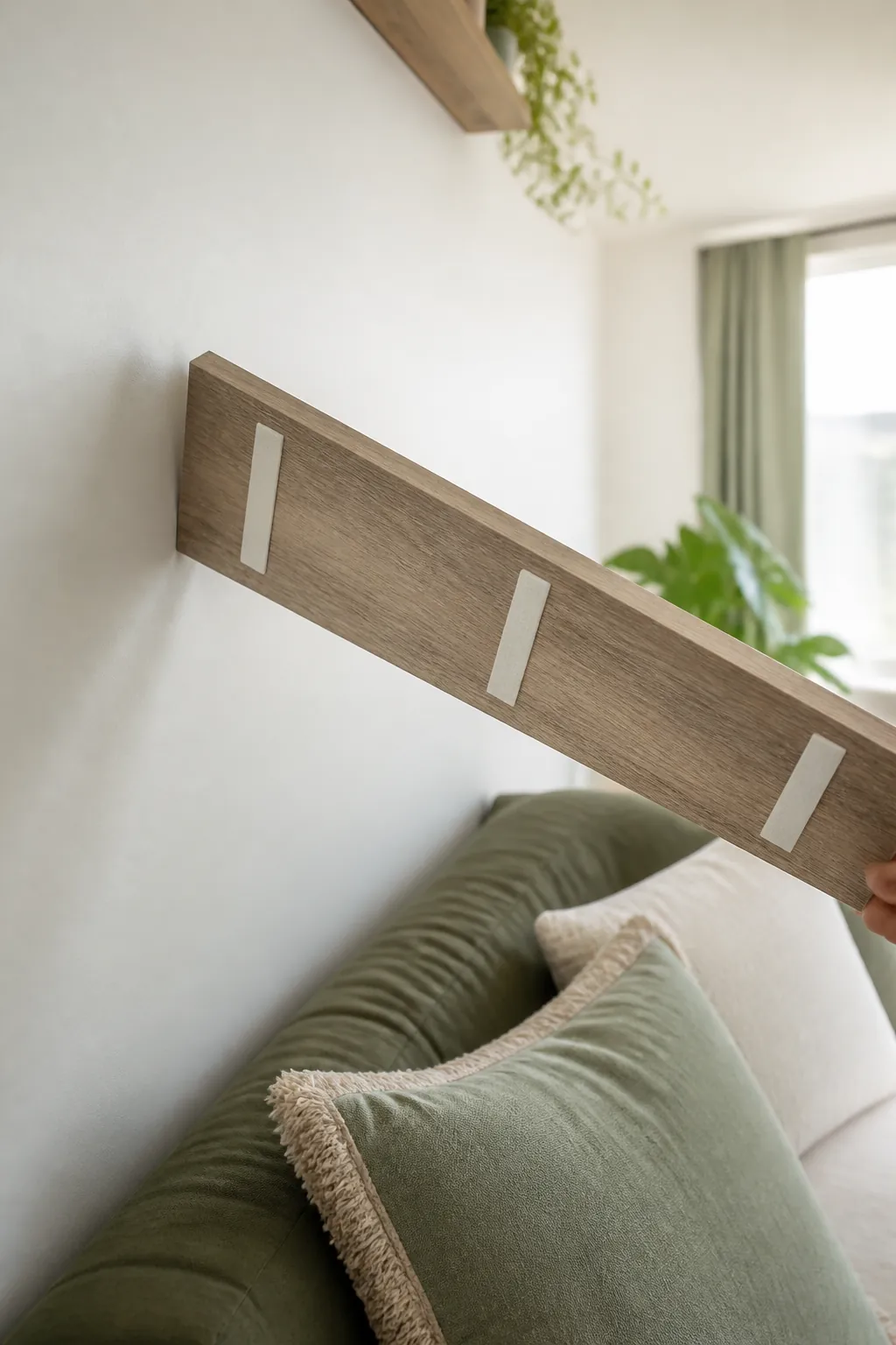 A wall shelf being peeled away from a wall at a low angle, revealing adhesive strips and no damage beneath.
