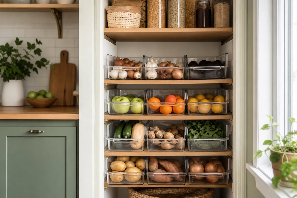 Clear stackable bins pulled forward on a deep pantry shelf, revealing the food that was hidden at the back