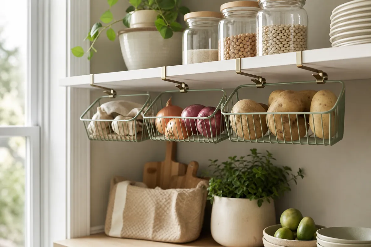 Under-shelf hanging baskets clipped beneath a pantry shelf, using the empty gap above the items below