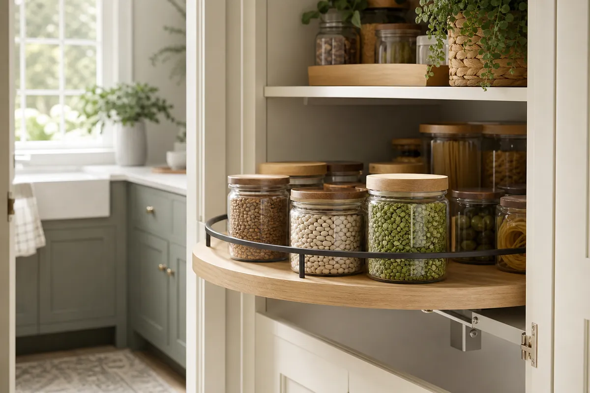A turntable on a pantry shelf rotating the back row of jars to the front where they can be reached