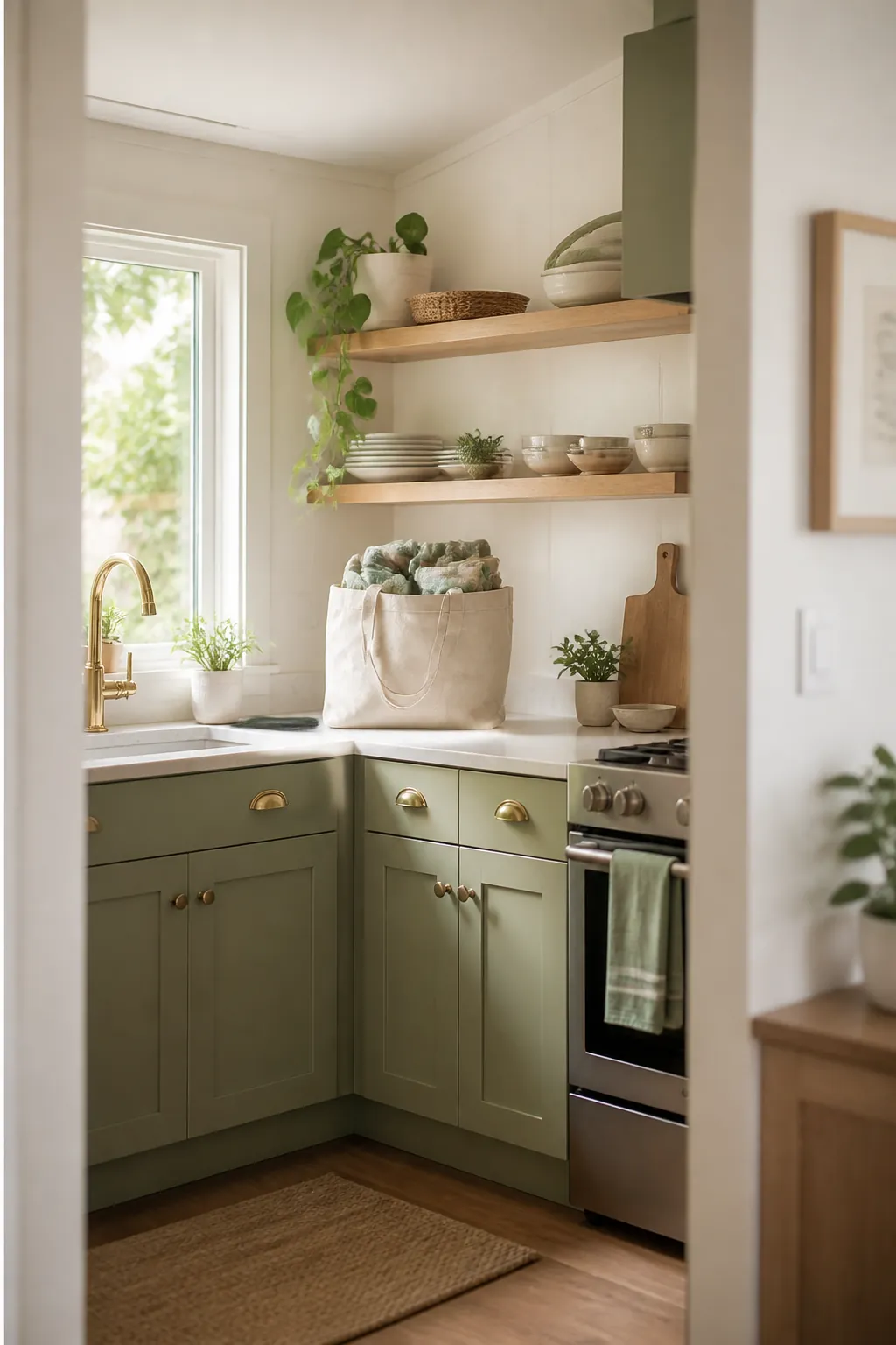 A large canvas tote stuffed with folded reusable bags sitting on a kitchen counter near a cabinet