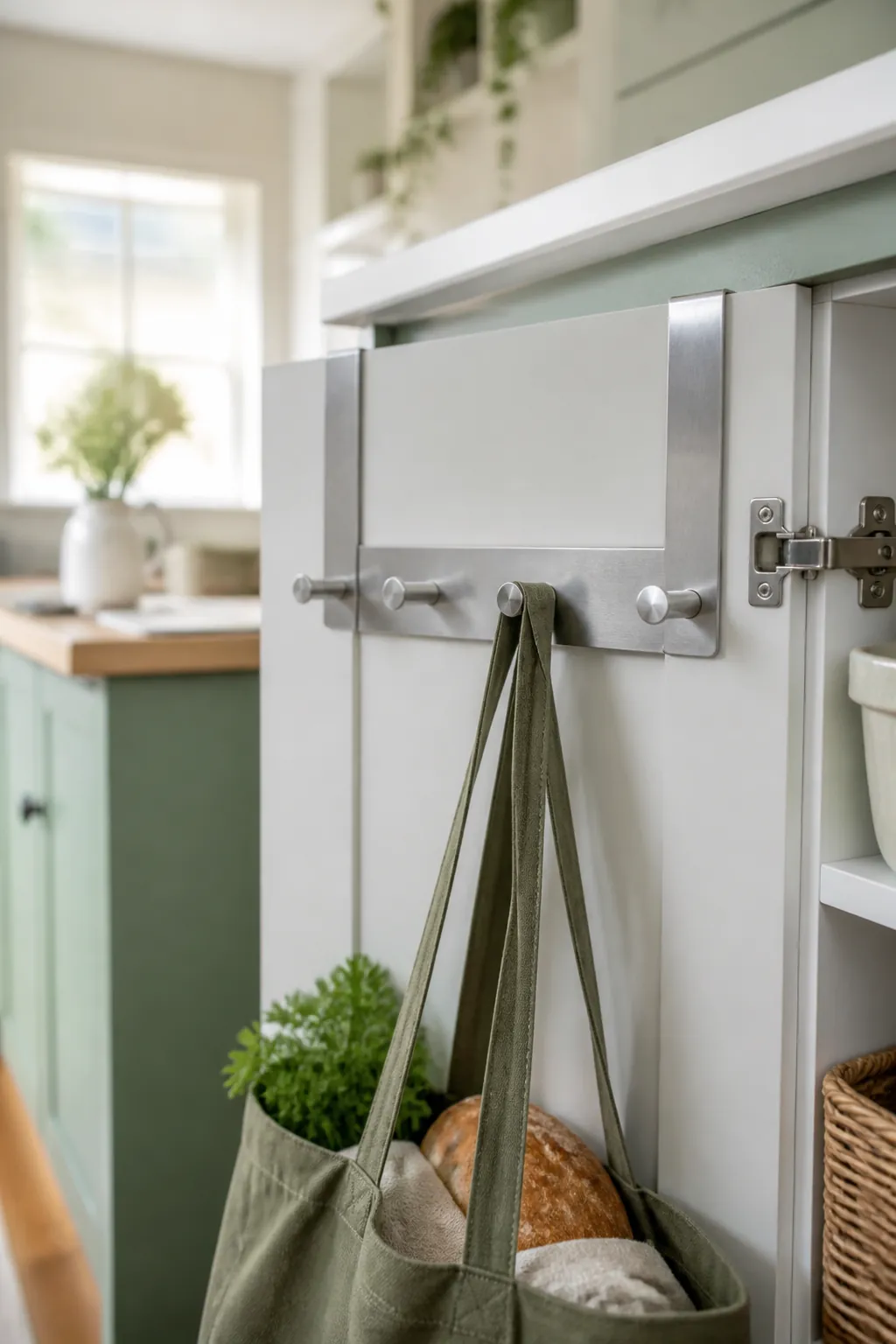 An over-the-door hook rack mounted inside a cabinet door with a stuffed tote bag hanging from one hook