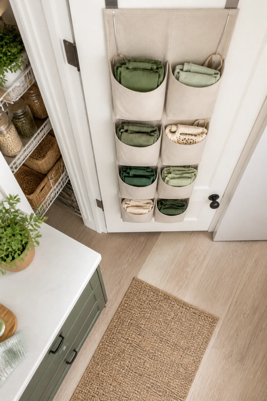 An over-the-door pantry organizer with folded reusable bags tucked into several fabric pockets on a pantry door