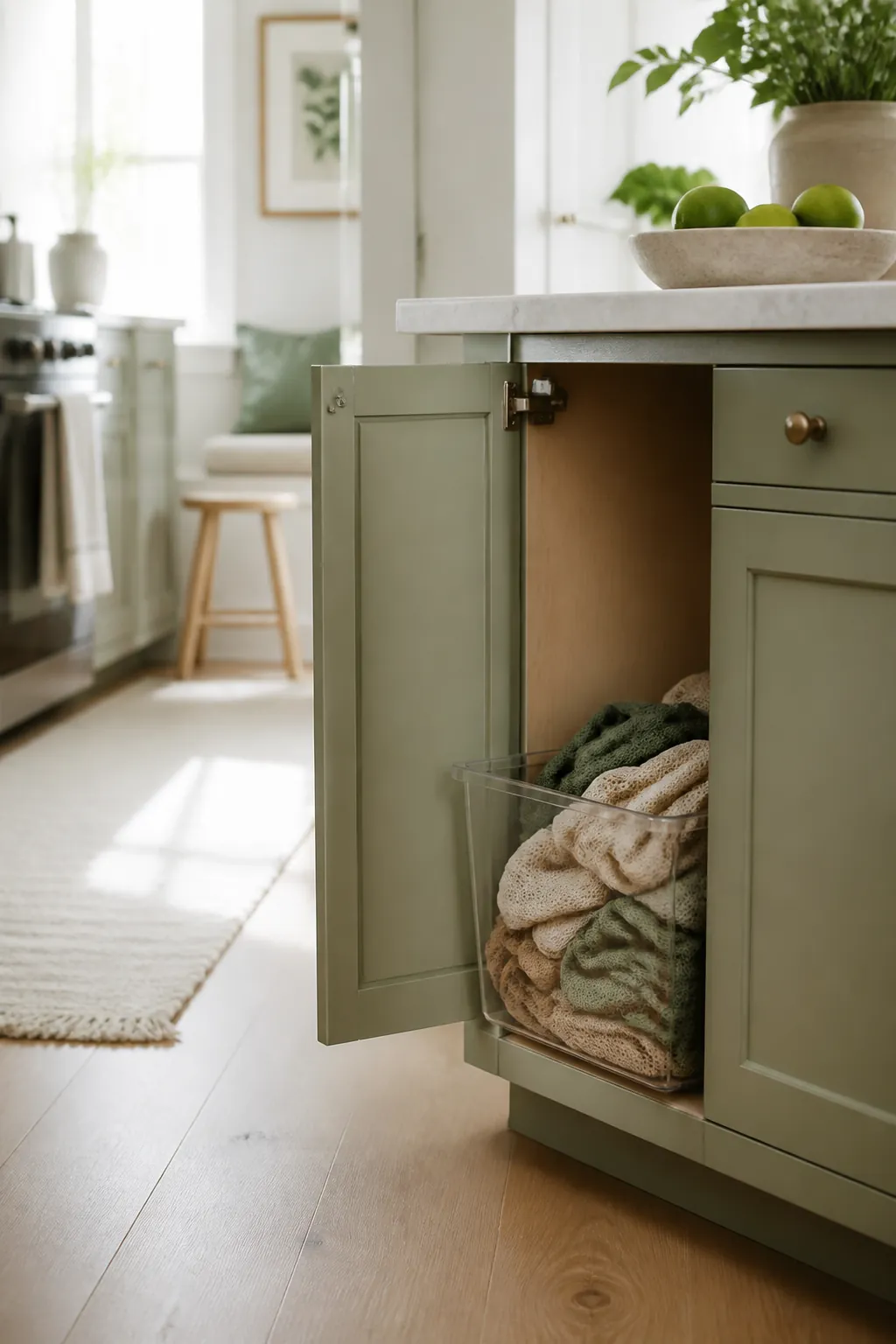 A clear stackable bin on a base cabinet floor filled with loosely wadded reusable grocery bags