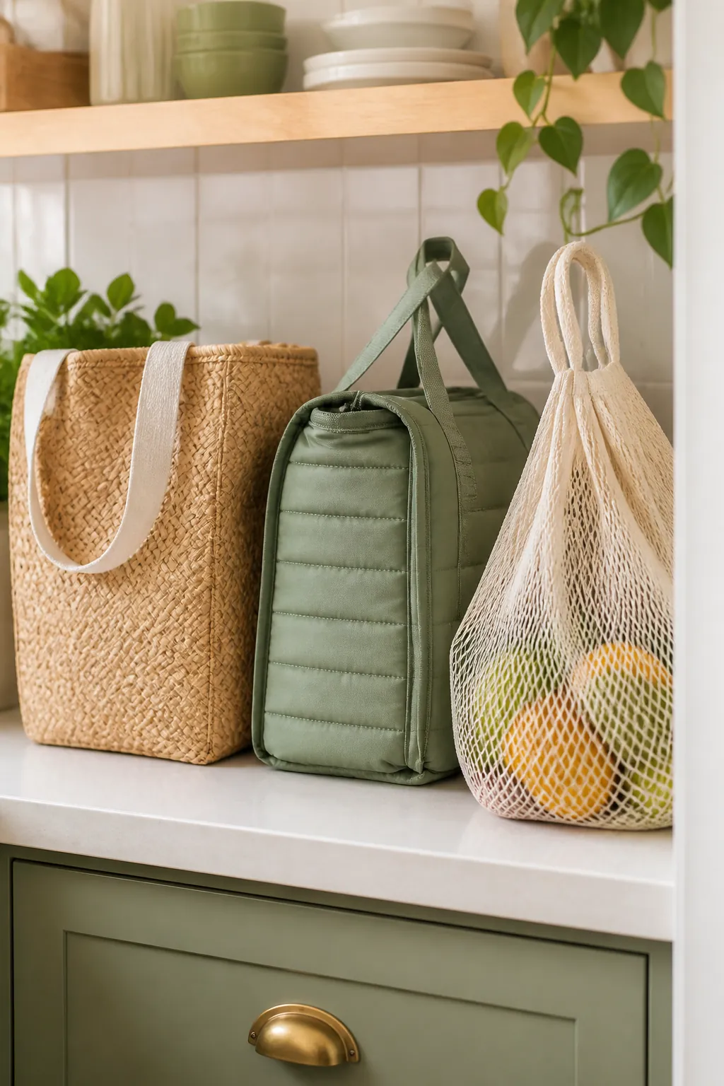 Three types of reusable bags grouped separately on a counter: a tote, an insulated bag, and a mesh bag