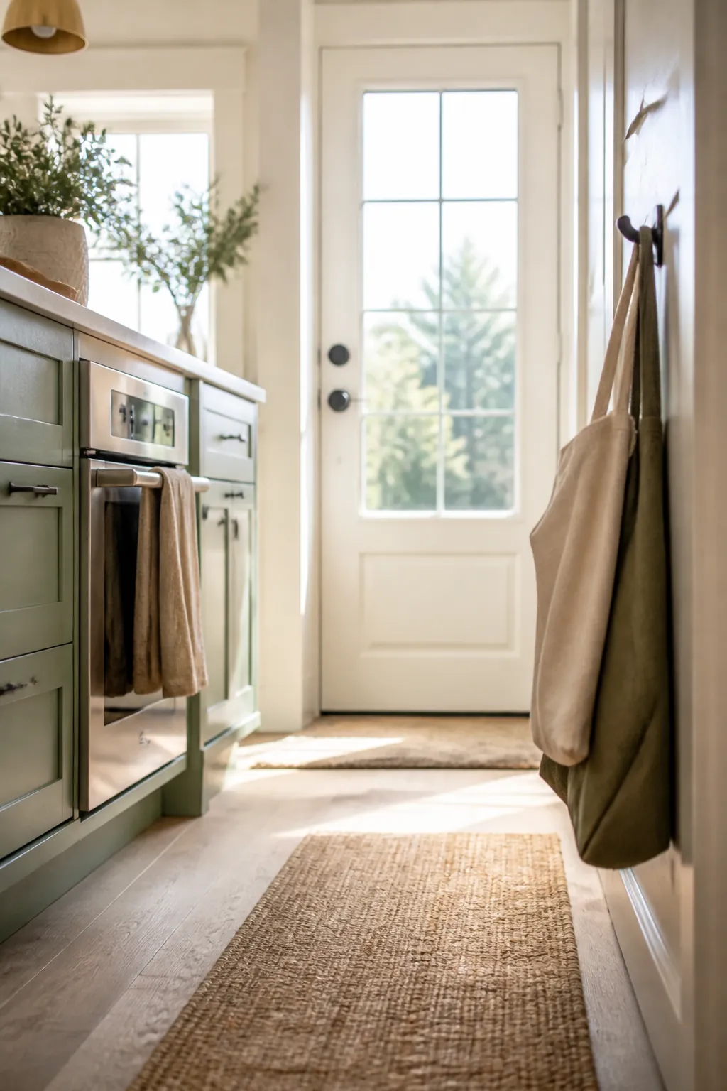 A hook beside a kitchen exit door holding a few folded reusable bags within easy reach