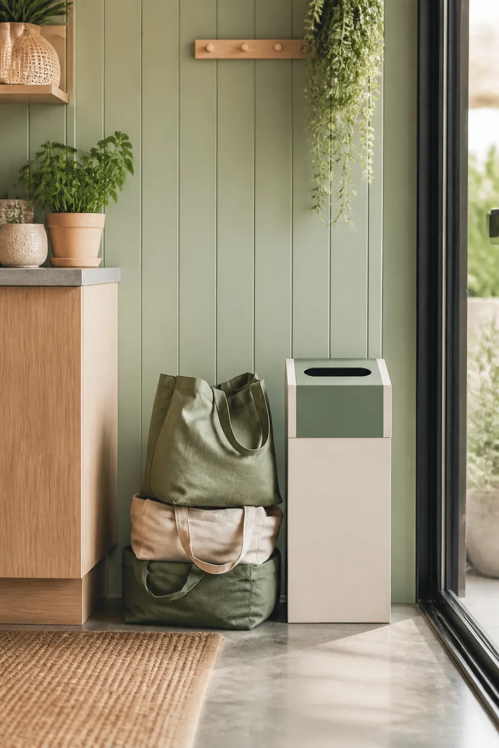 A small stack of reusable bags set beside a grocery store donation bin near the entrance