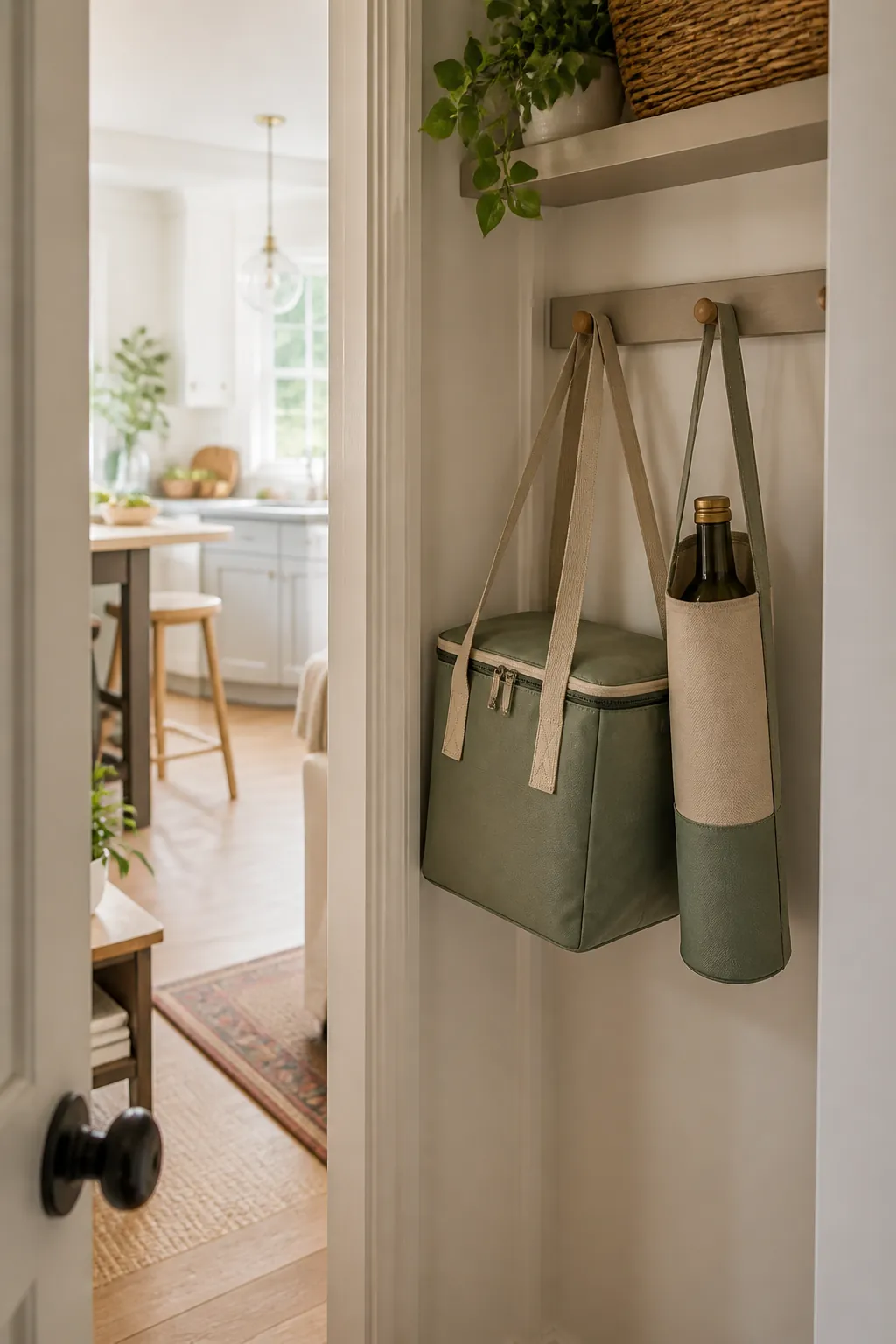 An insulated cooler bag and a wine tote hanging on a hook inside a hall closet