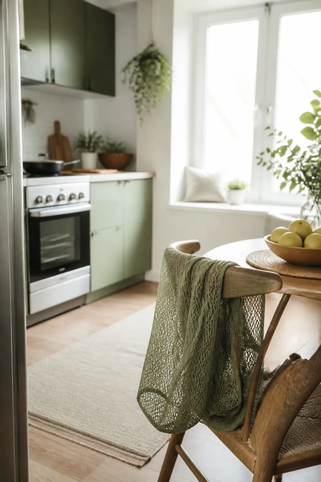 A damp reusable produce bag draped over the back of a kitchen chair to air dry