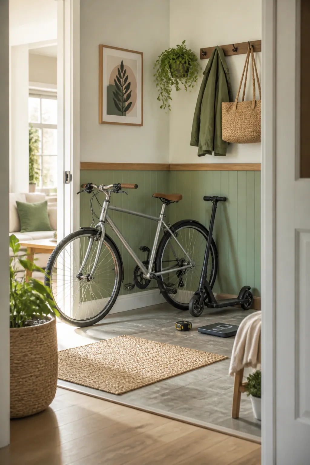A bike and a folded scooter on an entryway floor beside a tape measure and a bathroom scale