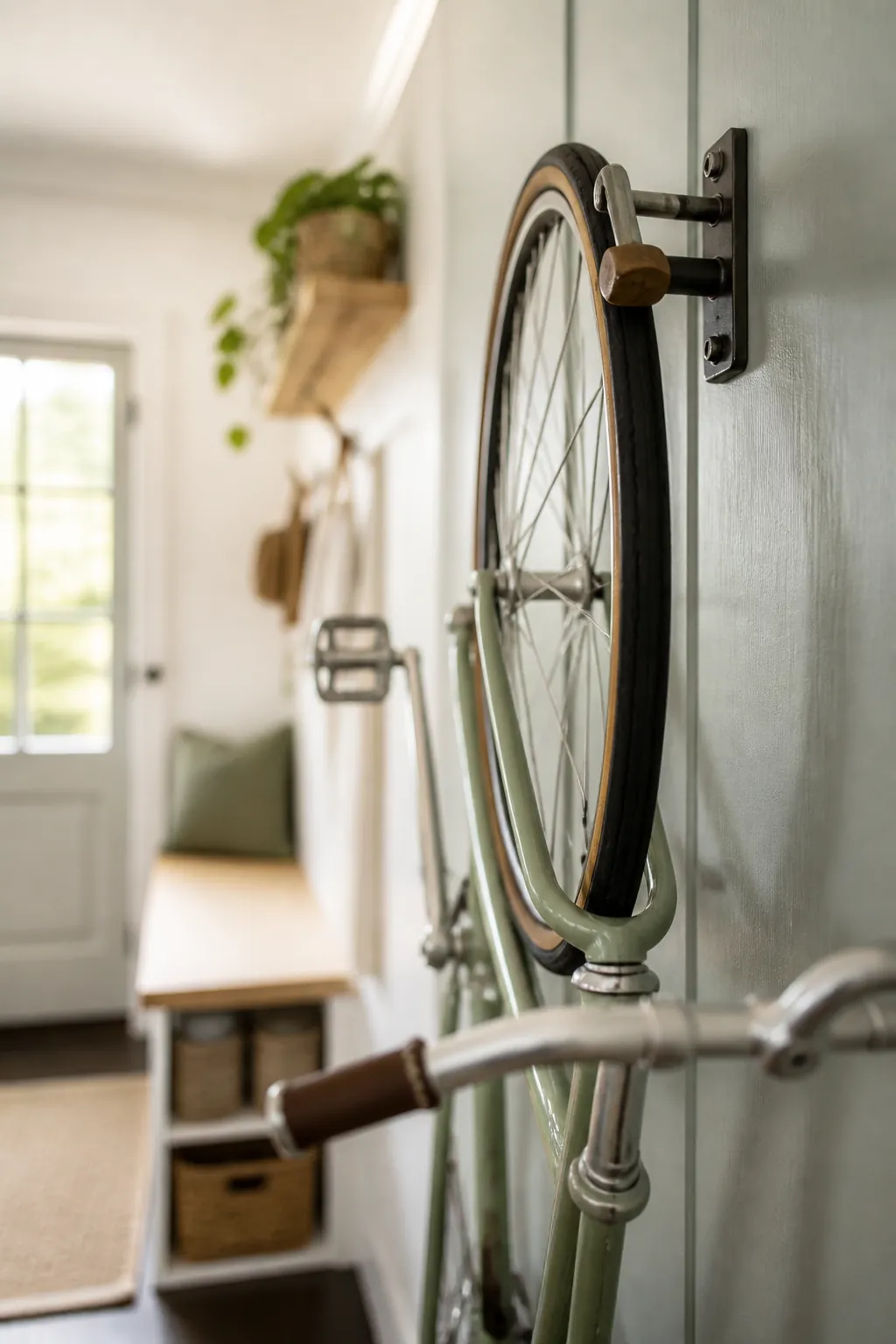 A bike hanging by its front wheel from a wall hook, its pedal held clear of the wall behind it