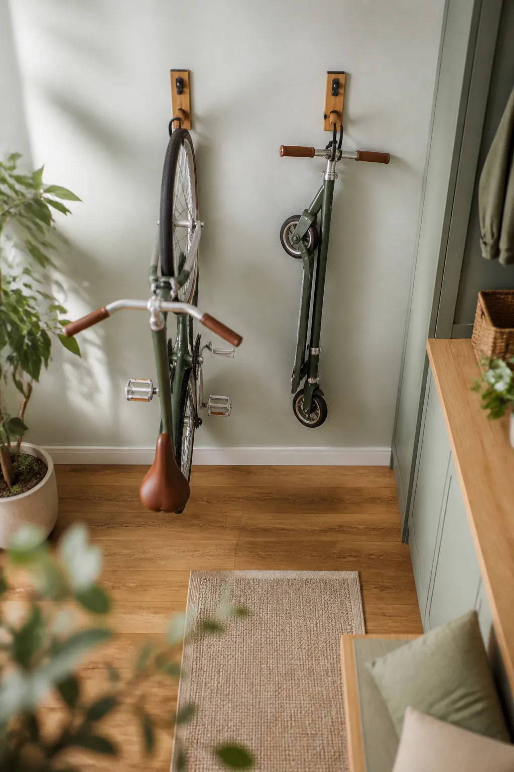 A bike and a folded scooter hanging side by side from two separate wall hooks in an entryway