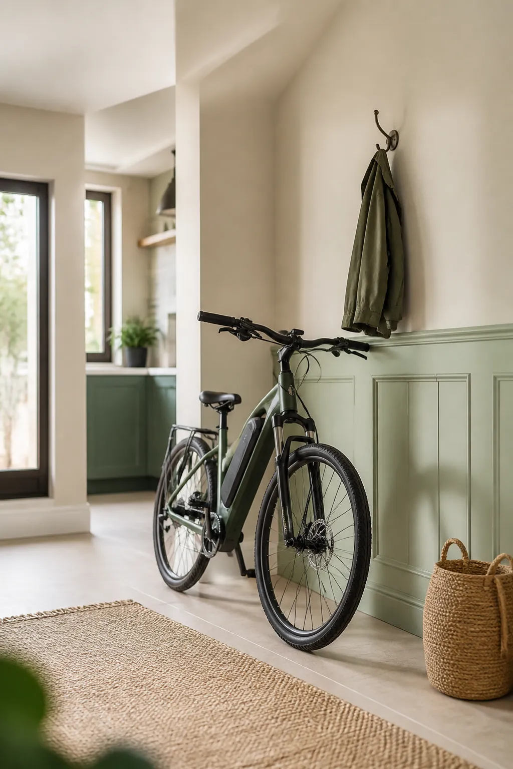 A heavy e-bike with its battery pack parked on the floor beside an empty wall hook it is too heavy for