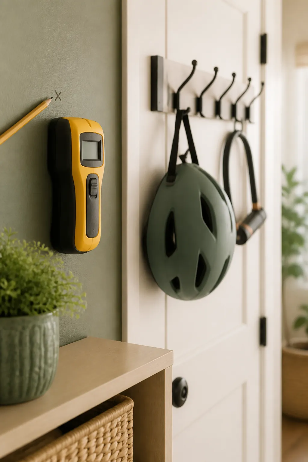 A stud finder marking a wall stud beside an over-the-door hook rack holding a helmet and bike lock
