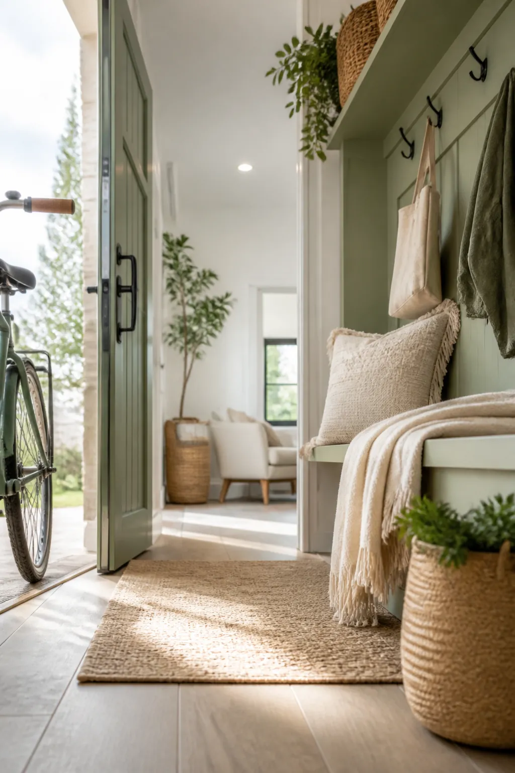 A front door opened all the way with a bike's handlebar parked just clear of the door's swing path