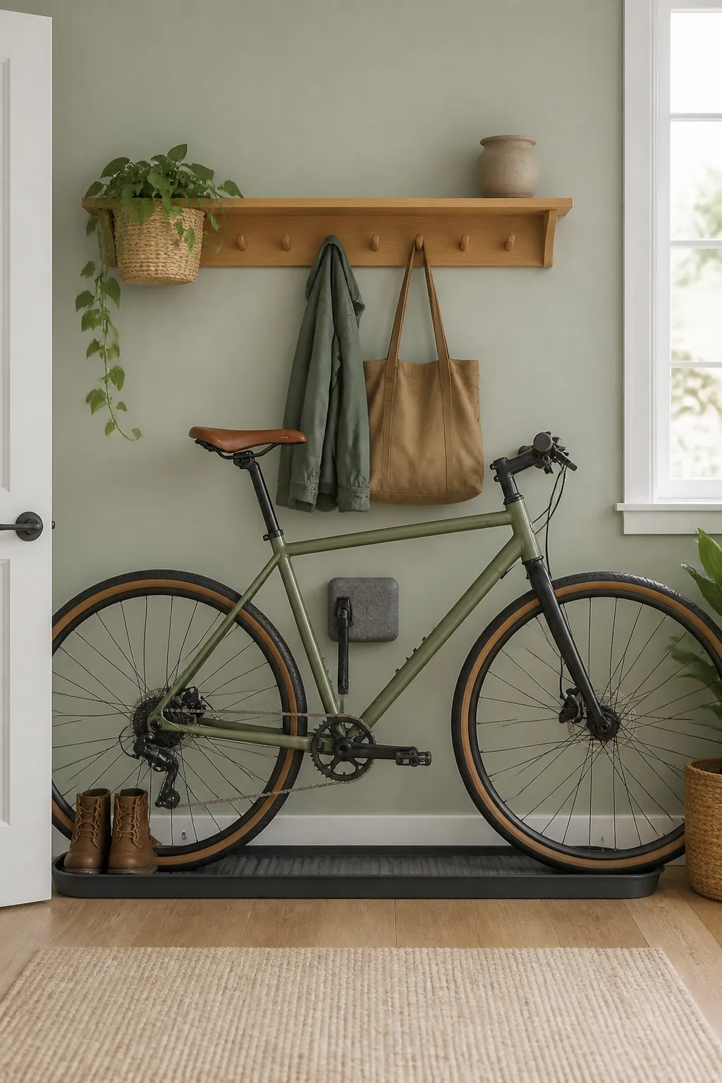 A boot tray catching grit under a bike's tires with a foam pad cushioning the pedal against the wall