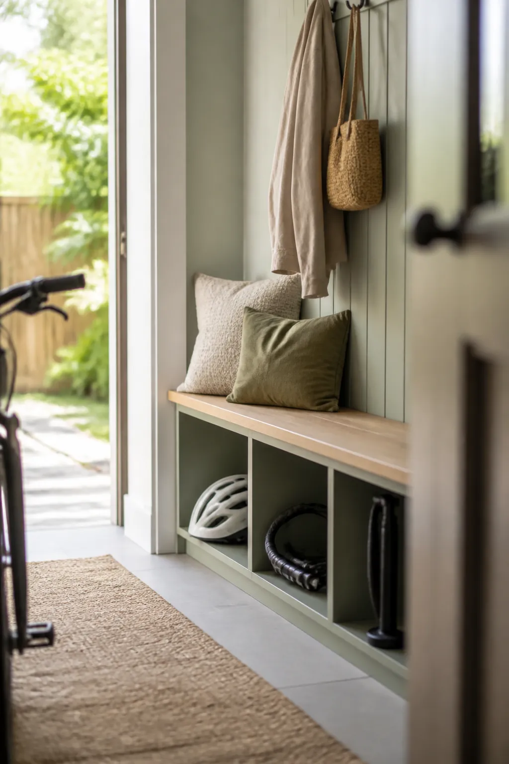 A narrow entryway bench with its shoe cubbies holding a helmet, a chain lock and a bike pump