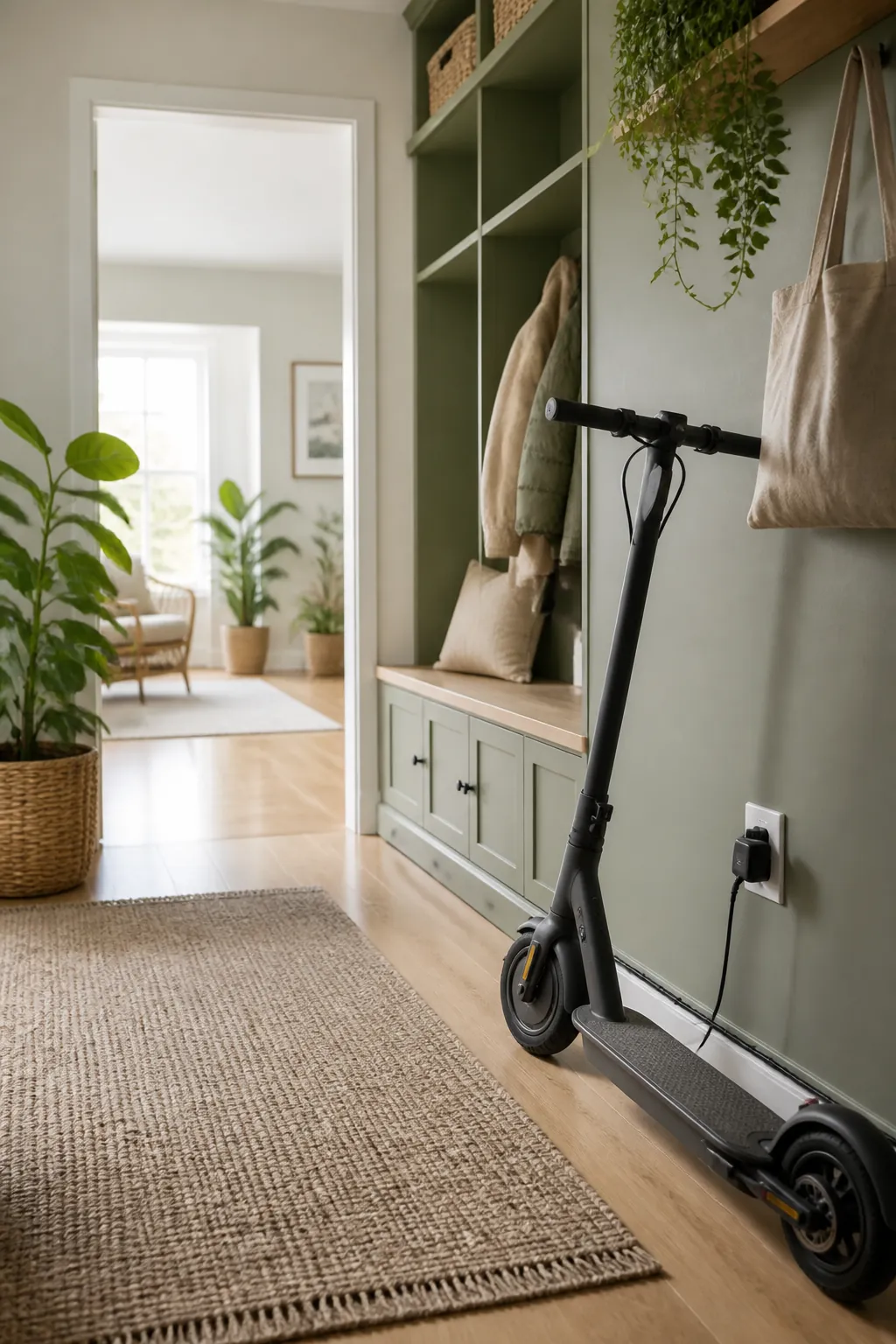 An e-scooter charging near an outlet with its cord clipped along the baseboard instead of crossing the floor