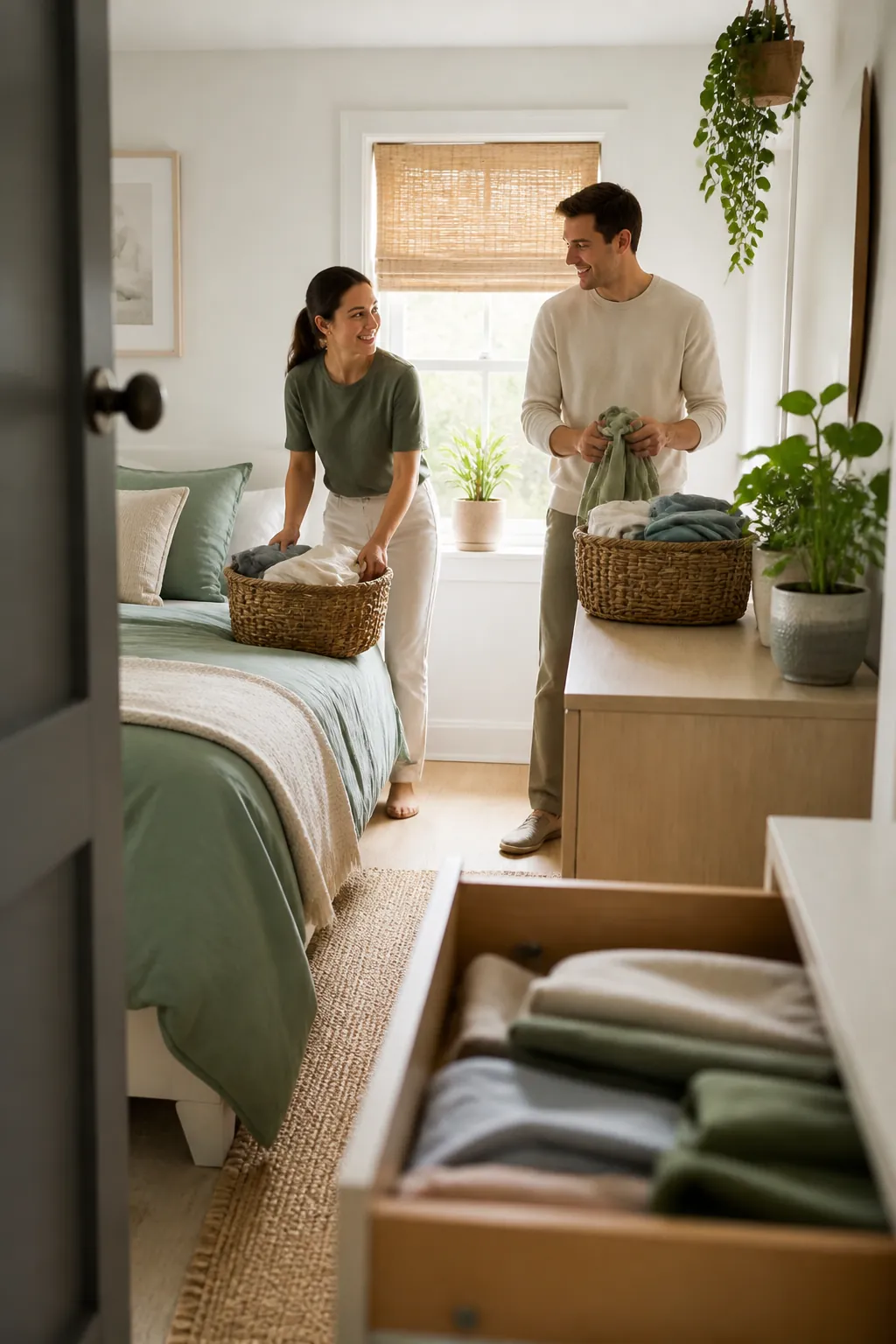 A small shared bedroom mid-tidy, with baskets part-filled and surfaces being cleared