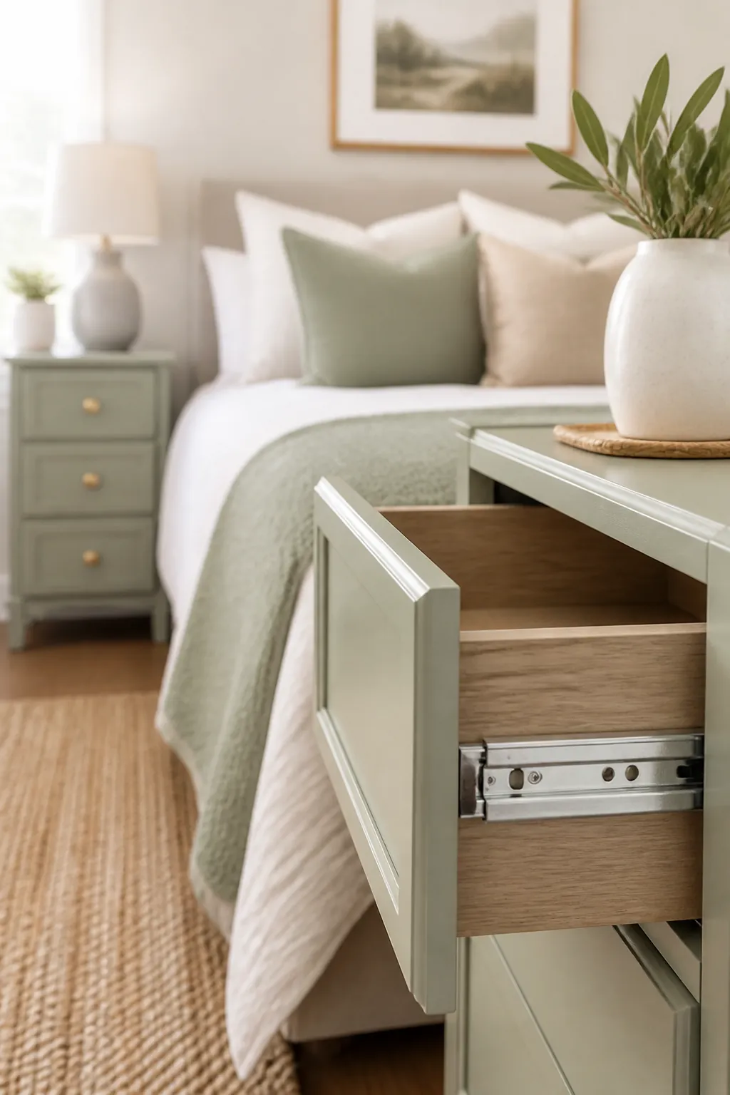 Matching pair of slim nightstands with drawers on either side of a shared bed in a small bedroom, giving each person equal storage