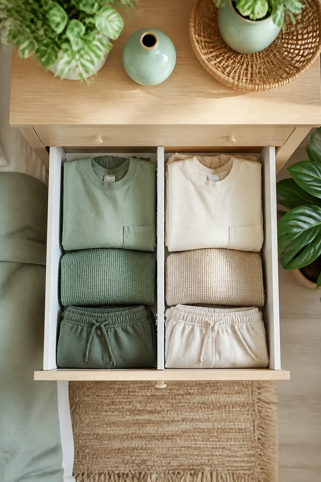 Adjustable drawer divider splitting a shared dresser drawer into two equal halves, one side for each person, in a small bedroom