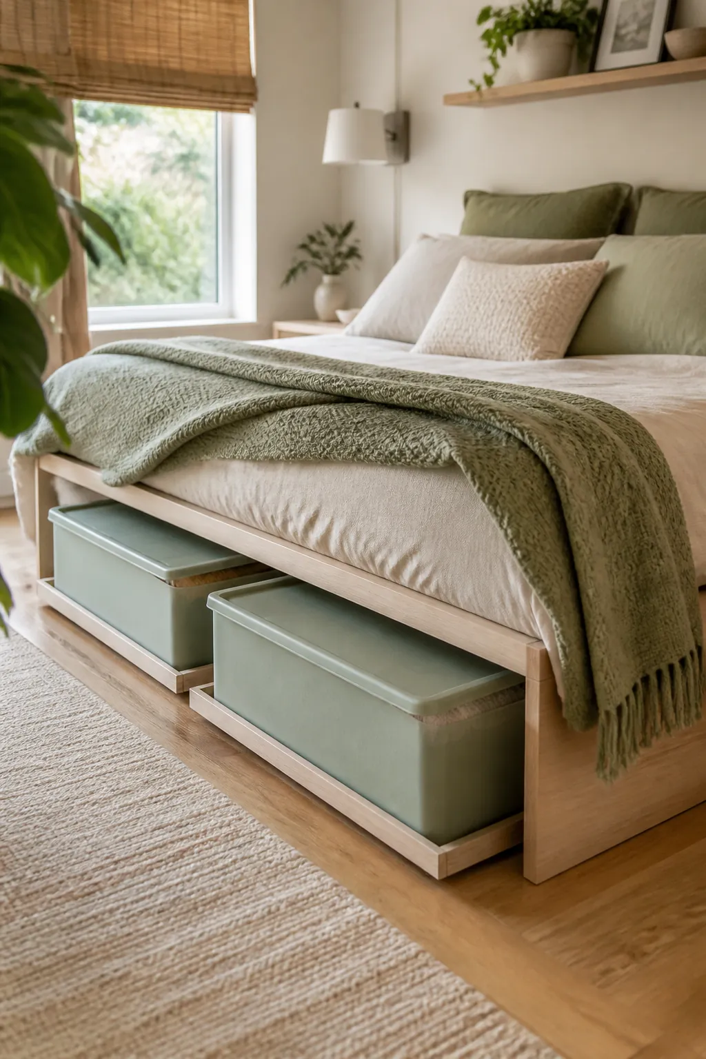 Two matching lidded under-bed storage bins, one per person, tucked under a shared bed frame in a small bedroom