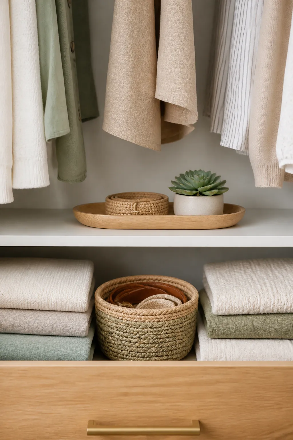 A closet rod split into three zones, two personal sections flanking a shared middle
