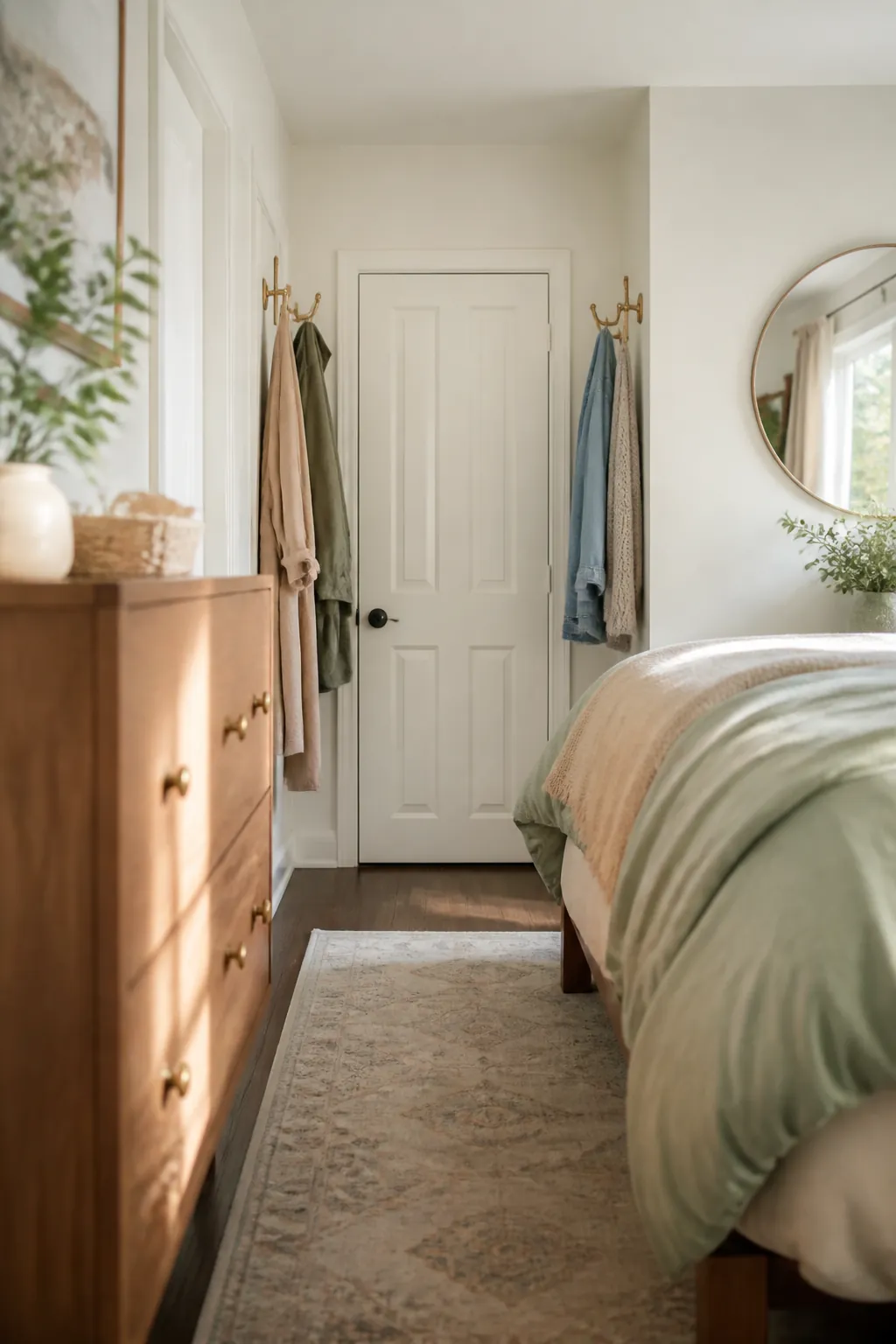 Matching numbers of hooks on each side of a bedroom door, both in use